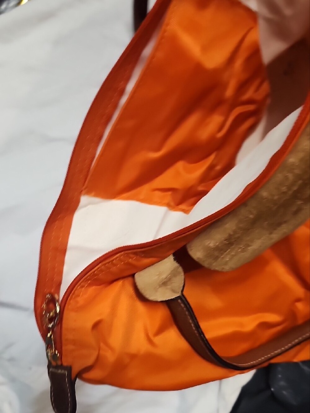 Longchamp Orange Nylon Tote with Brown Trim - Picture 8 of 9